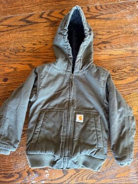 Kids Carhartt Olive Hooded Zip Work Jacket with Black Lining